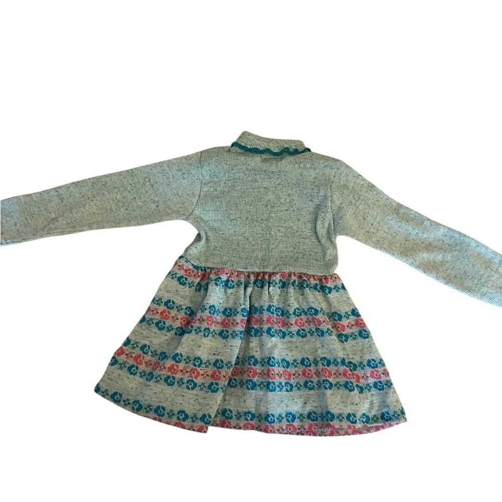 Vintage 70s Cozy Knit Teal & pink turtle neck  w/ Floral Pattern Dress